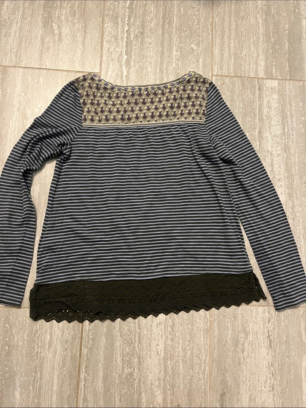 Anthropologie Green and Light Blue Striped Long-Sleeve Tee with Olive Lace Hem - Picture 7 of 9